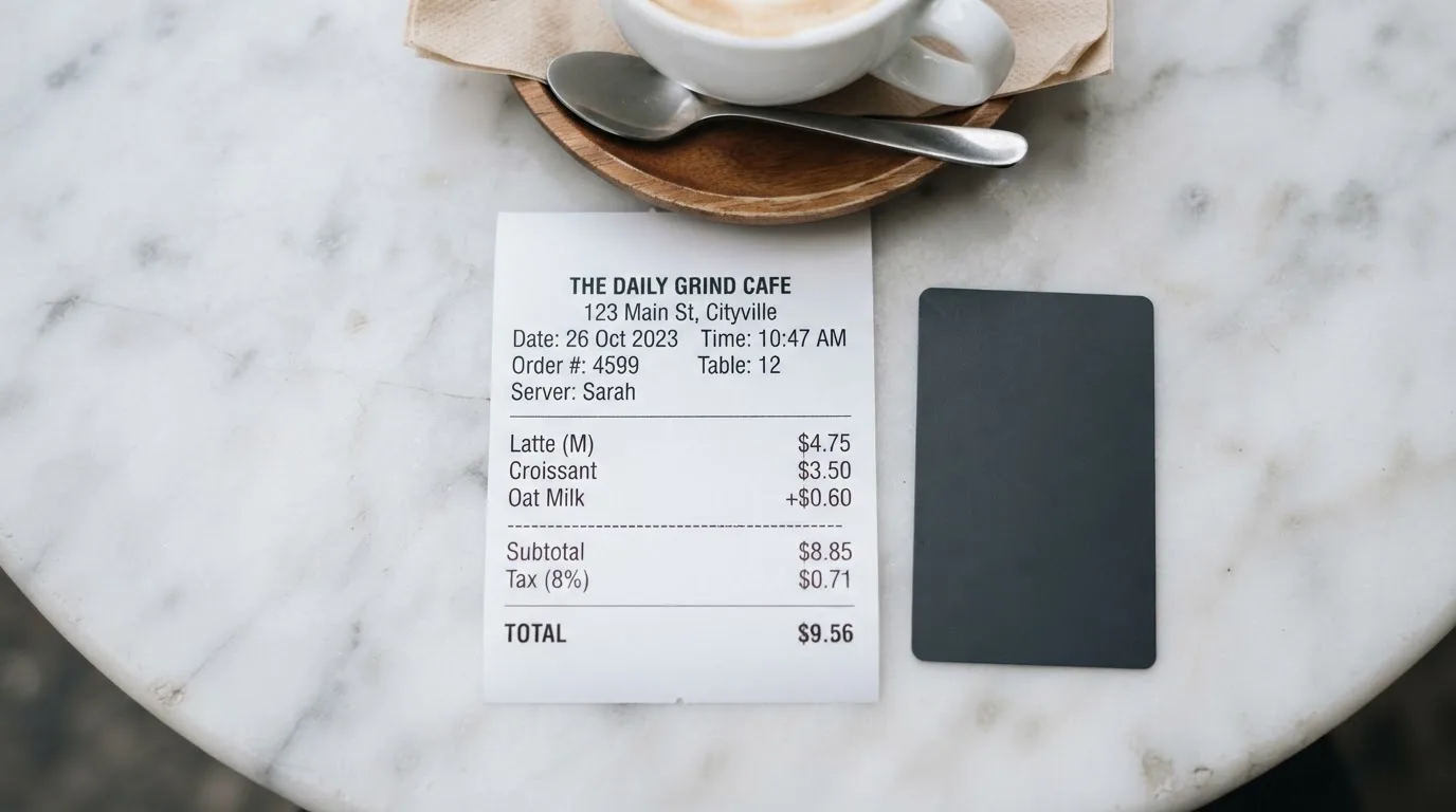 A receipt and a card on a café table