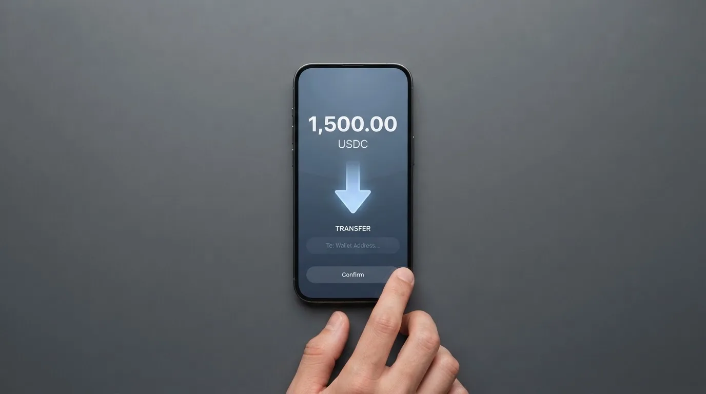 A phone showing a stablecoin transfer screen