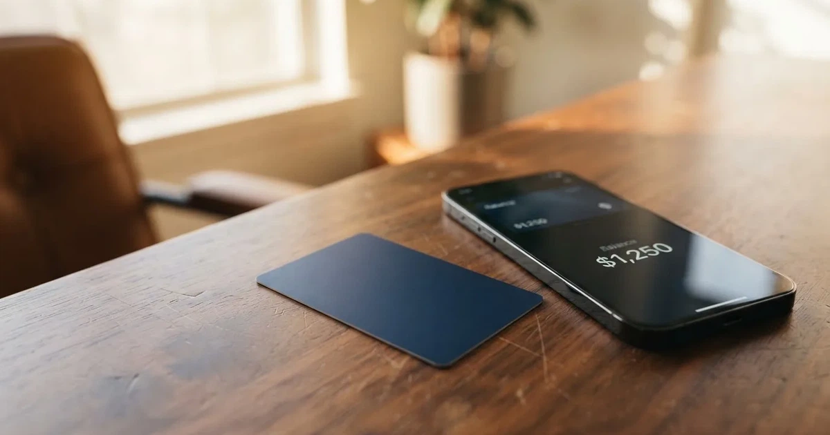 A payment card next to a phone with a crypto wallet app open