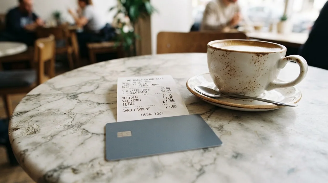 A receipt and a card on a café table