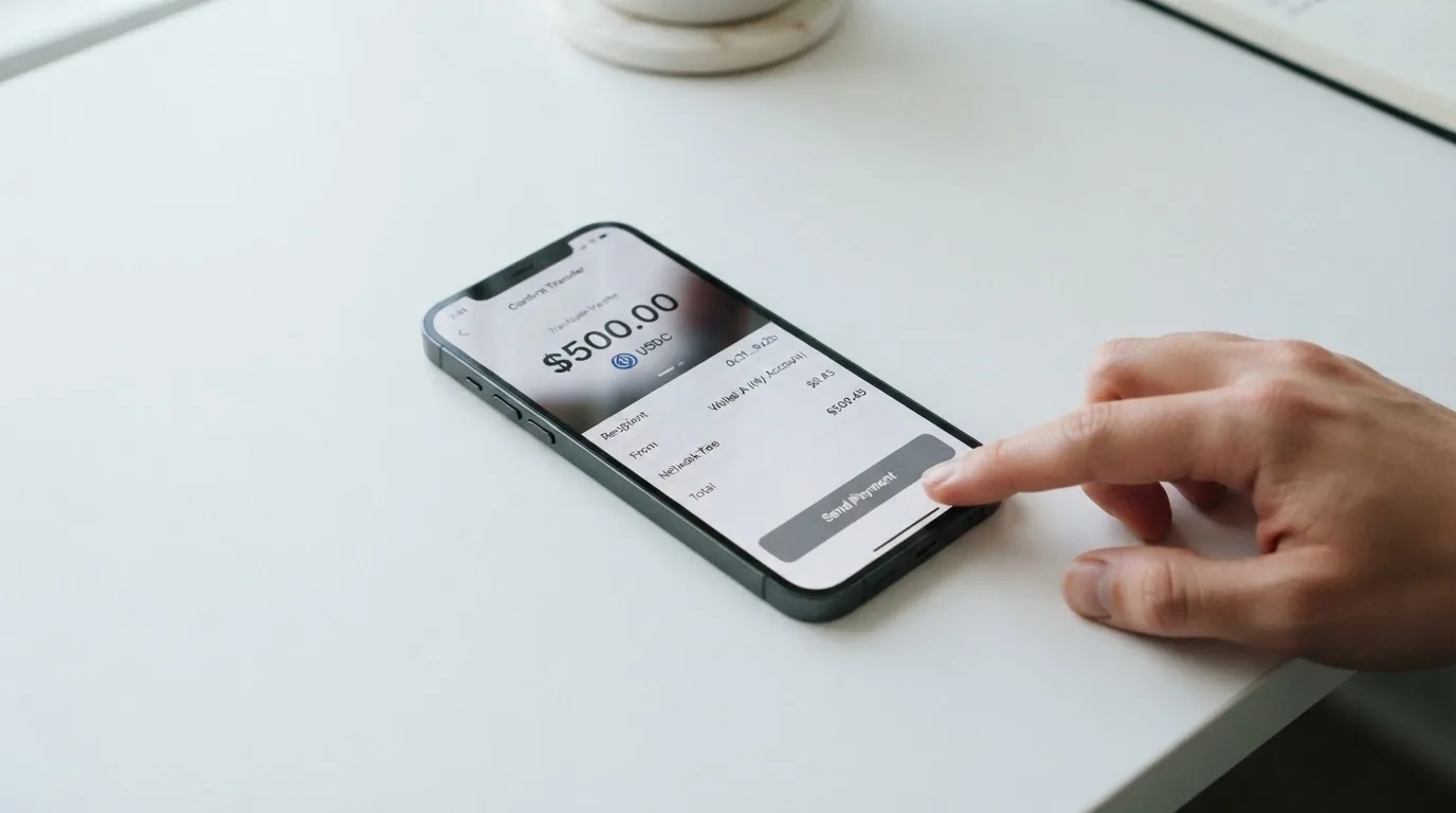 A phone showing a stablecoin transfer screen