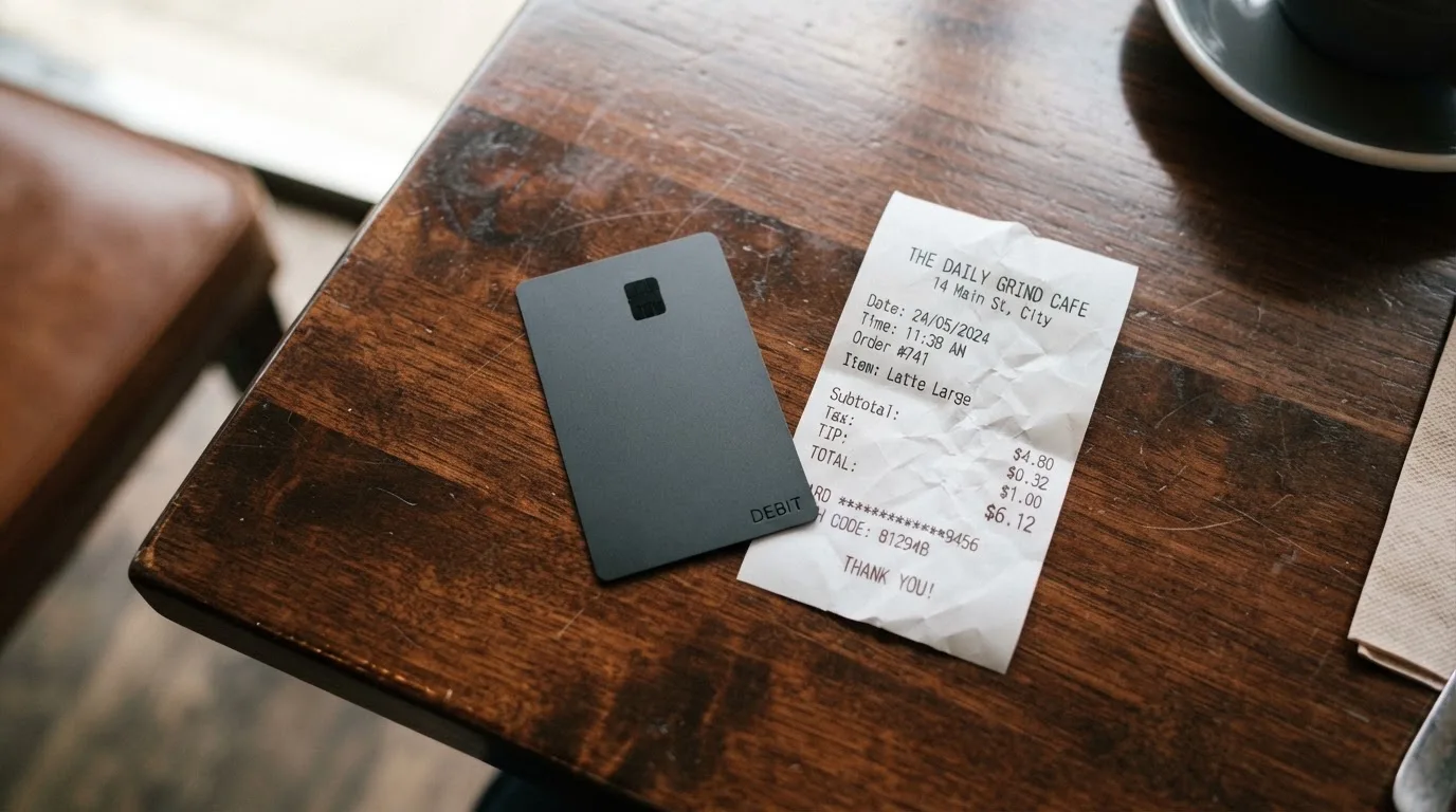 A receipt and a card on a café table