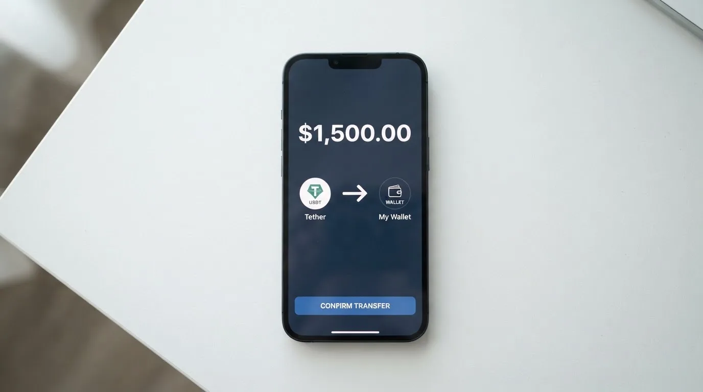 A phone showing a stablecoin transfer screen