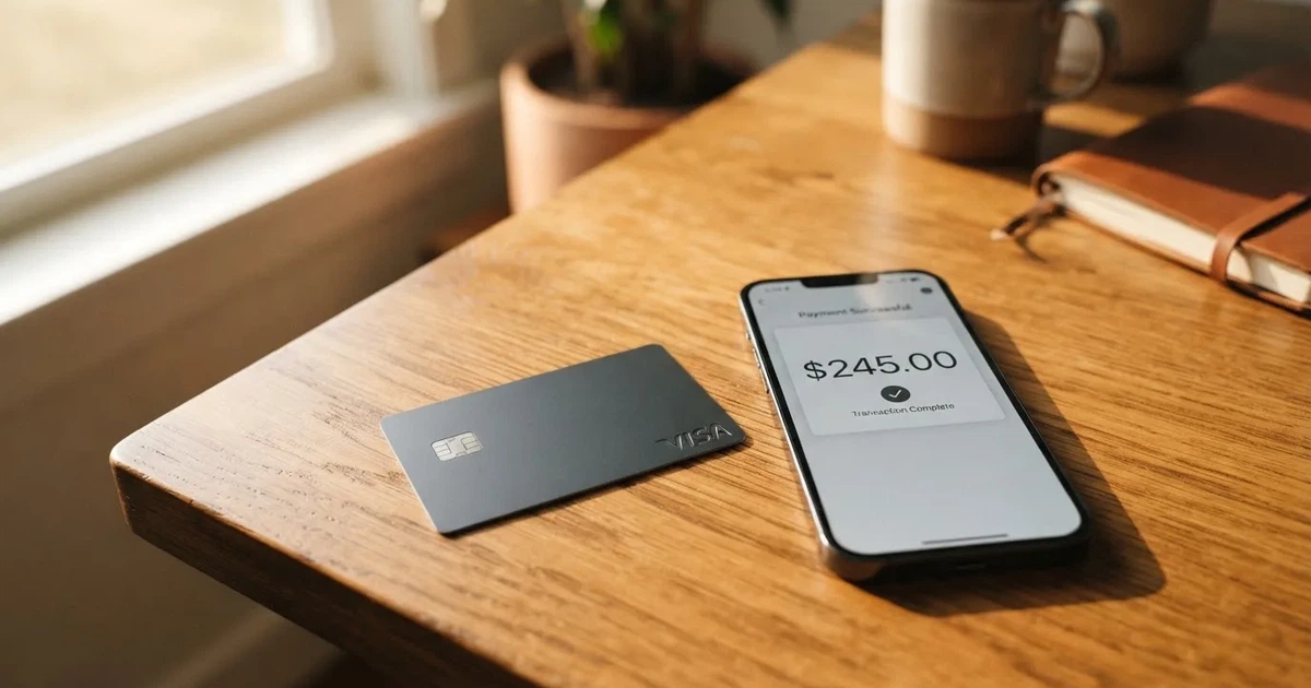 A payment card next to a phone with a crypto wallet app open