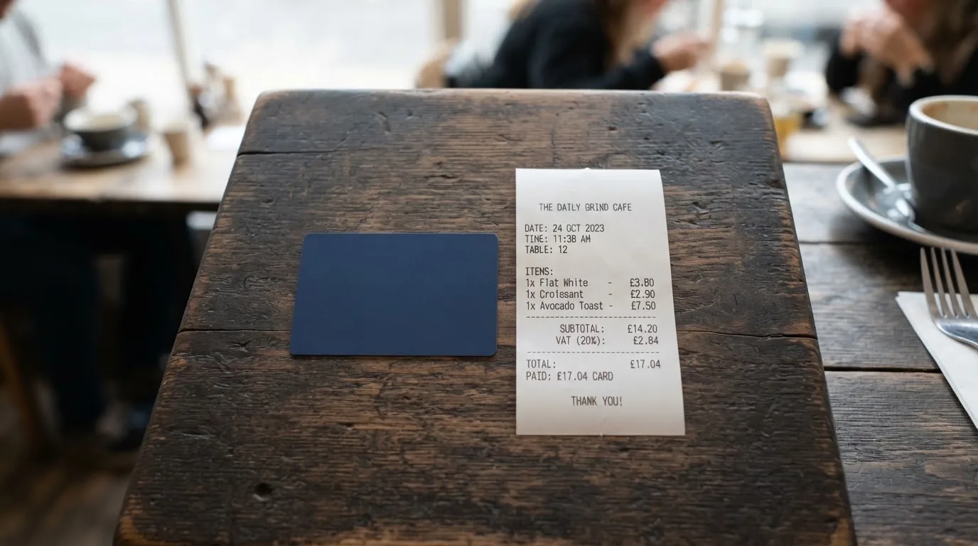 A receipt and a card on a café table