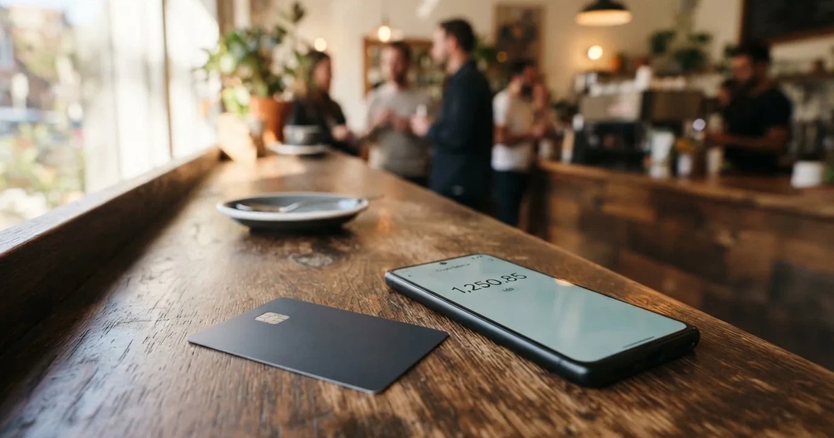 A payment card next to a phone with a crypto wallet app open