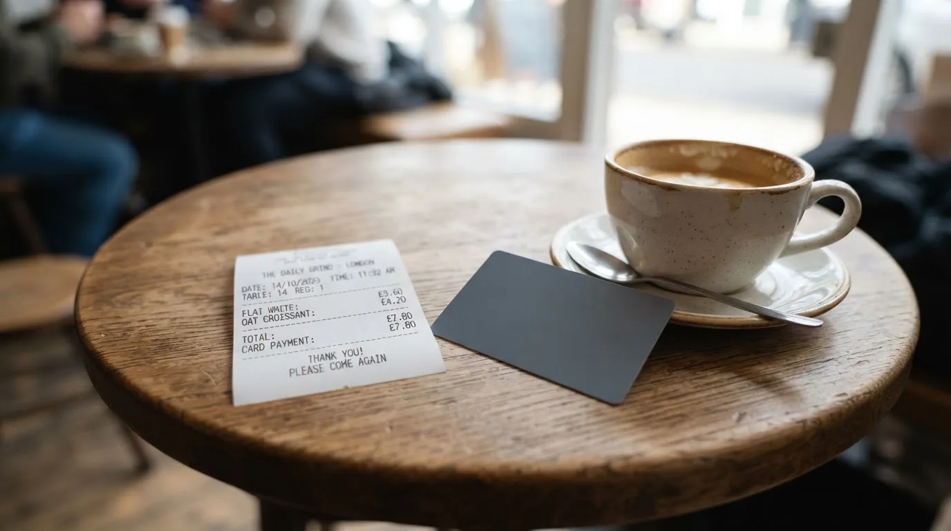 A receipt and a card on a café table