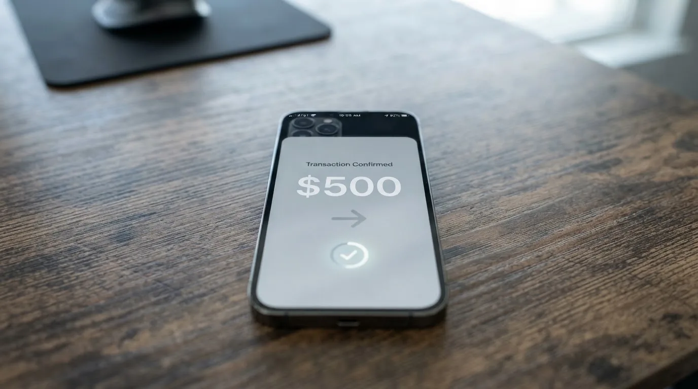 A phone showing a stablecoin transfer screen