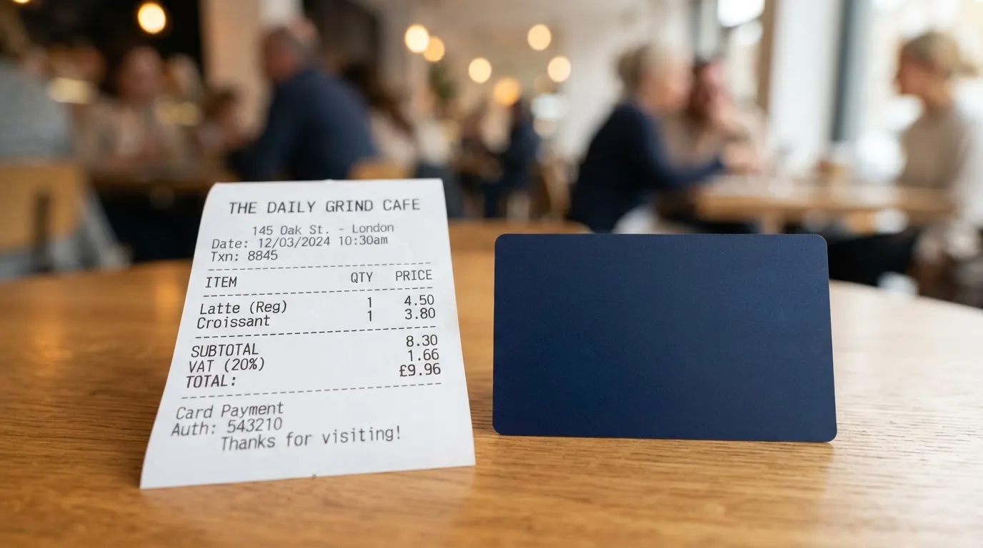 A receipt and a card on a café table