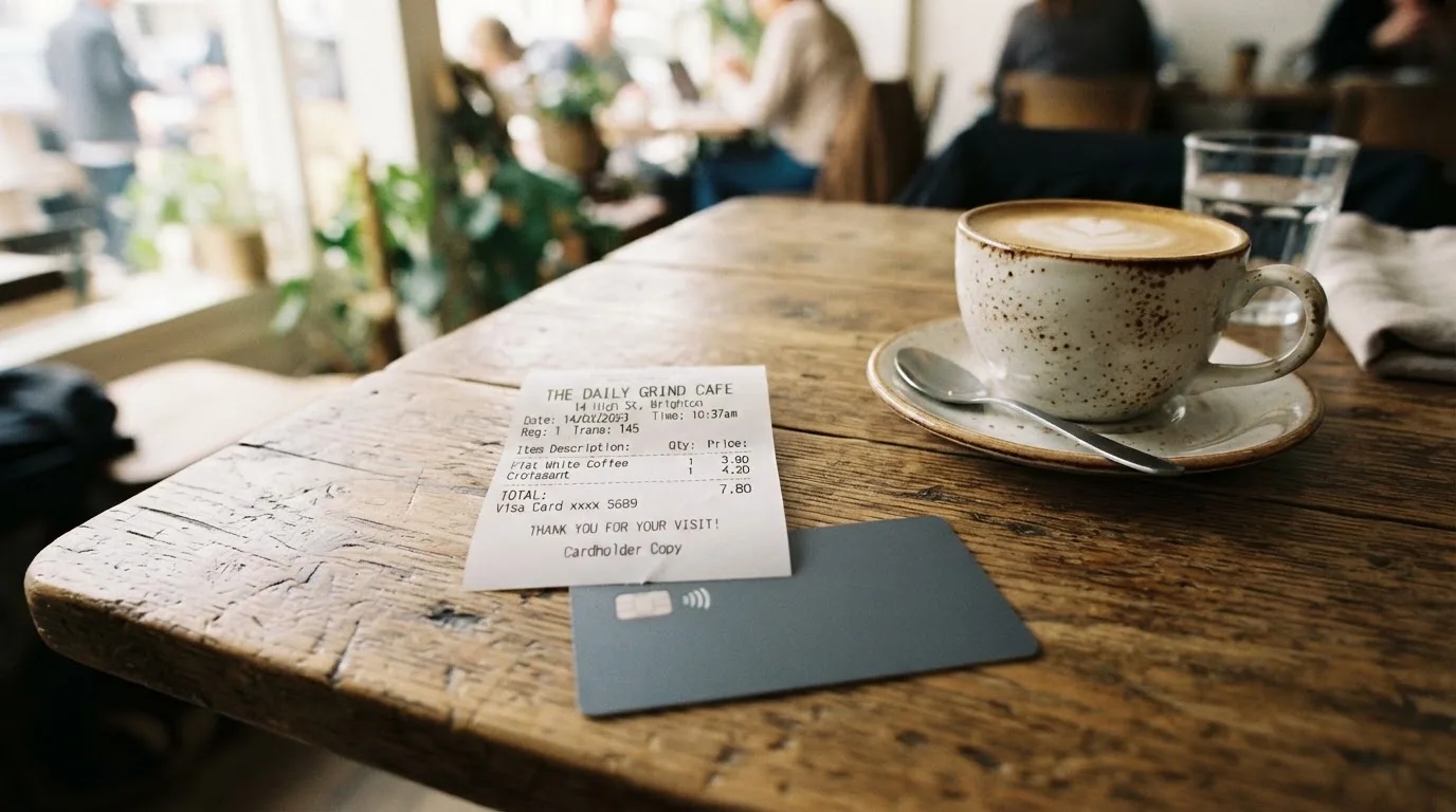 A receipt and a card on a café table