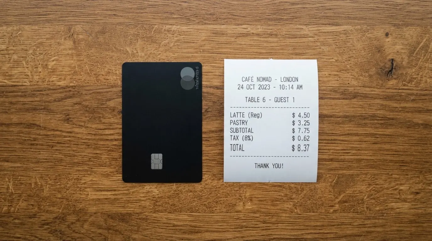 A receipt and a card on a café table