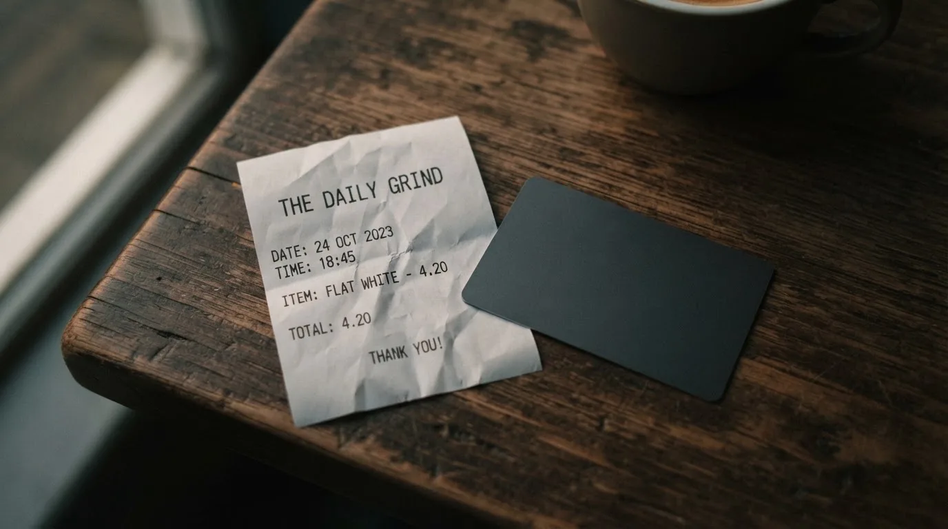 A receipt and a card on a café table