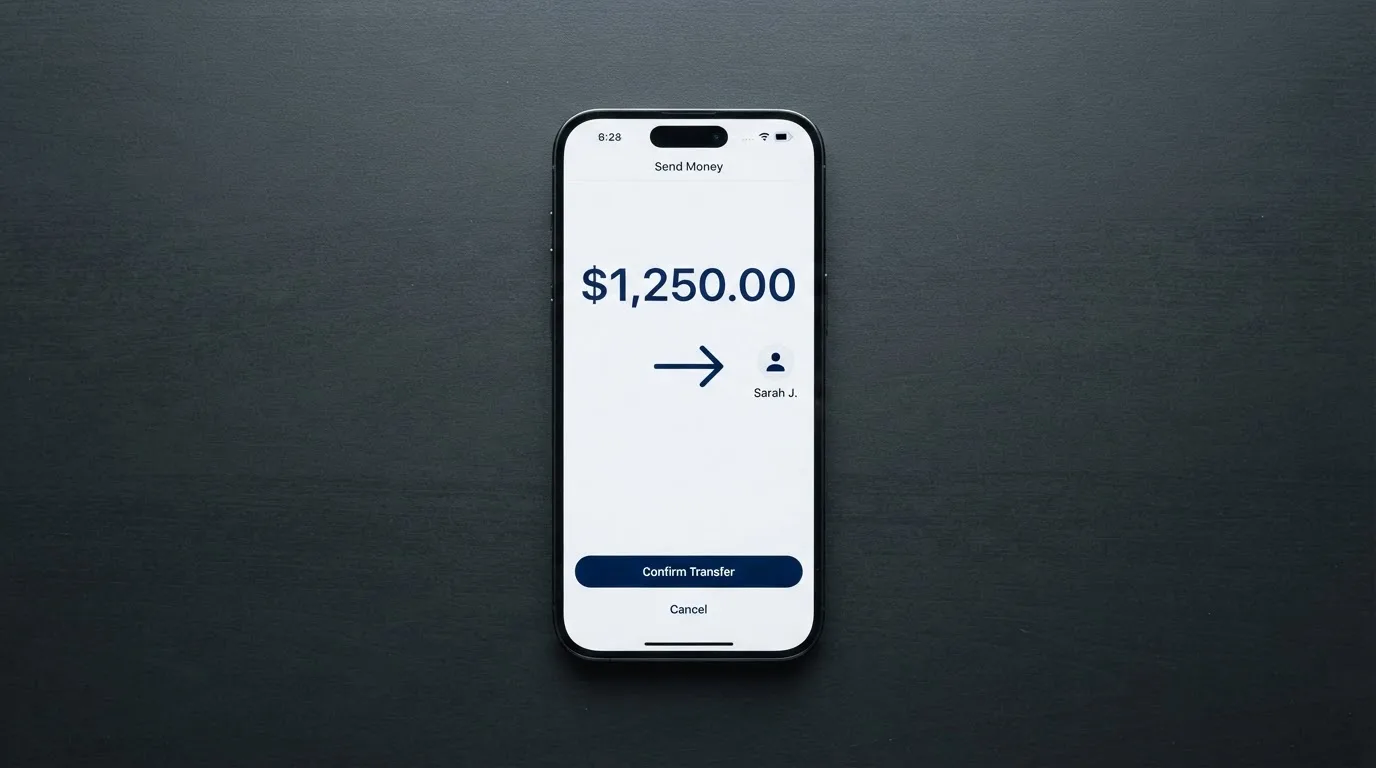 A phone showing a stablecoin transfer screen