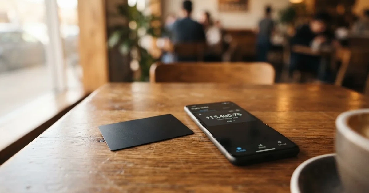 A payment card next to a phone with a crypto wallet app open