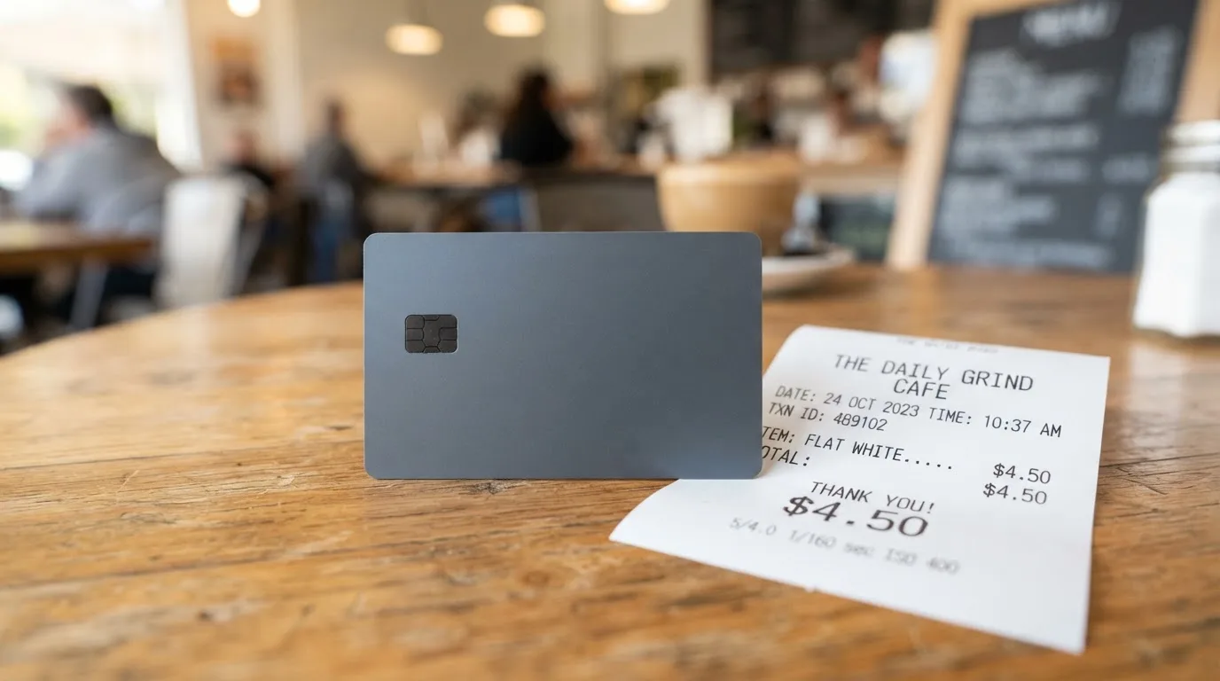 A receipt and a card on a café table