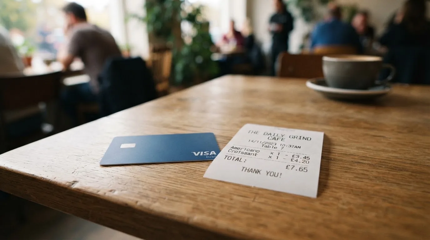A receipt and a card on a café table