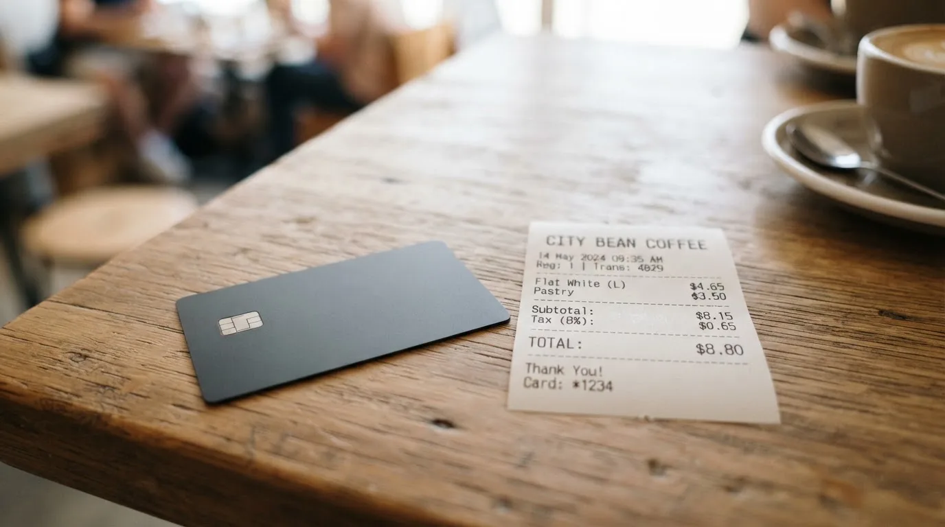 A receipt and a card on a café table