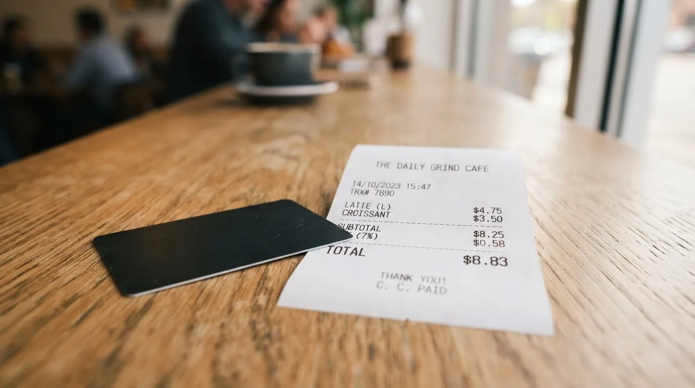 A receipt and a card on a café table