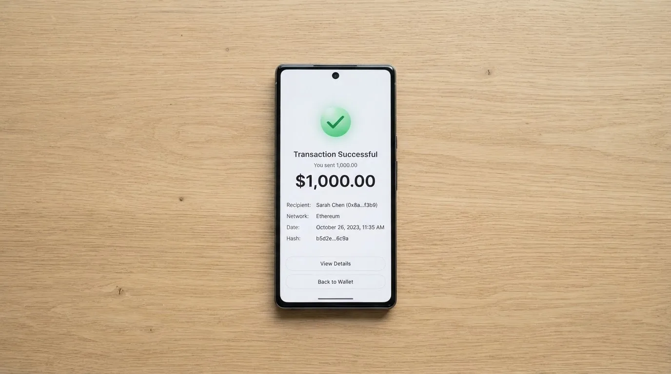 A phone showing a stablecoin transfer screen