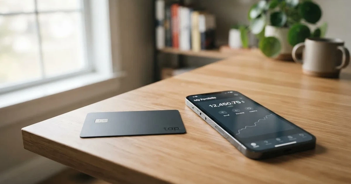 A payment card next to a phone with a crypto wallet app open