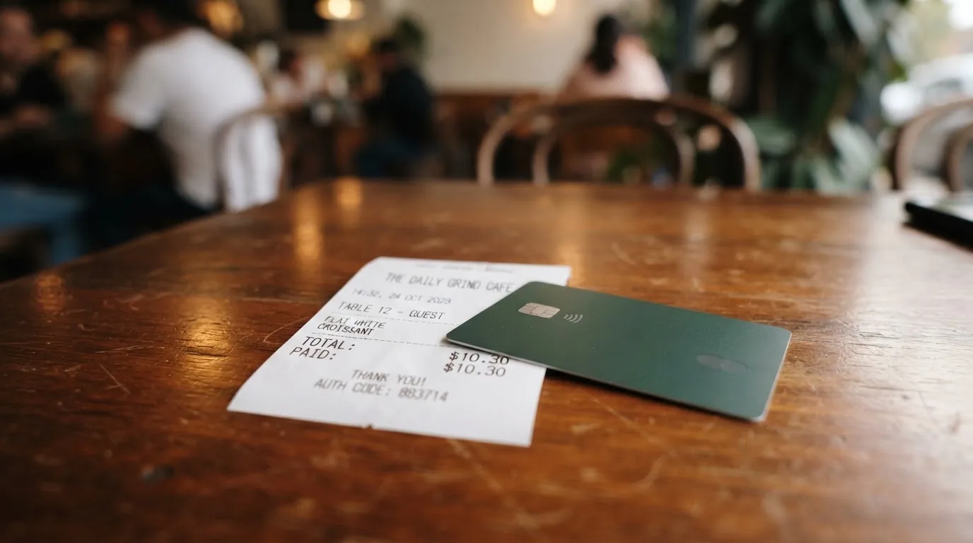 A receipt and a card on a café table