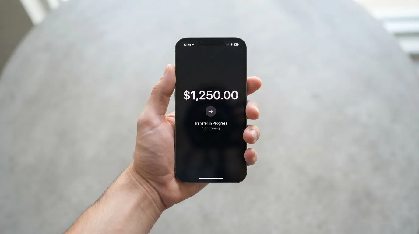 A phone showing a stablecoin transfer screen