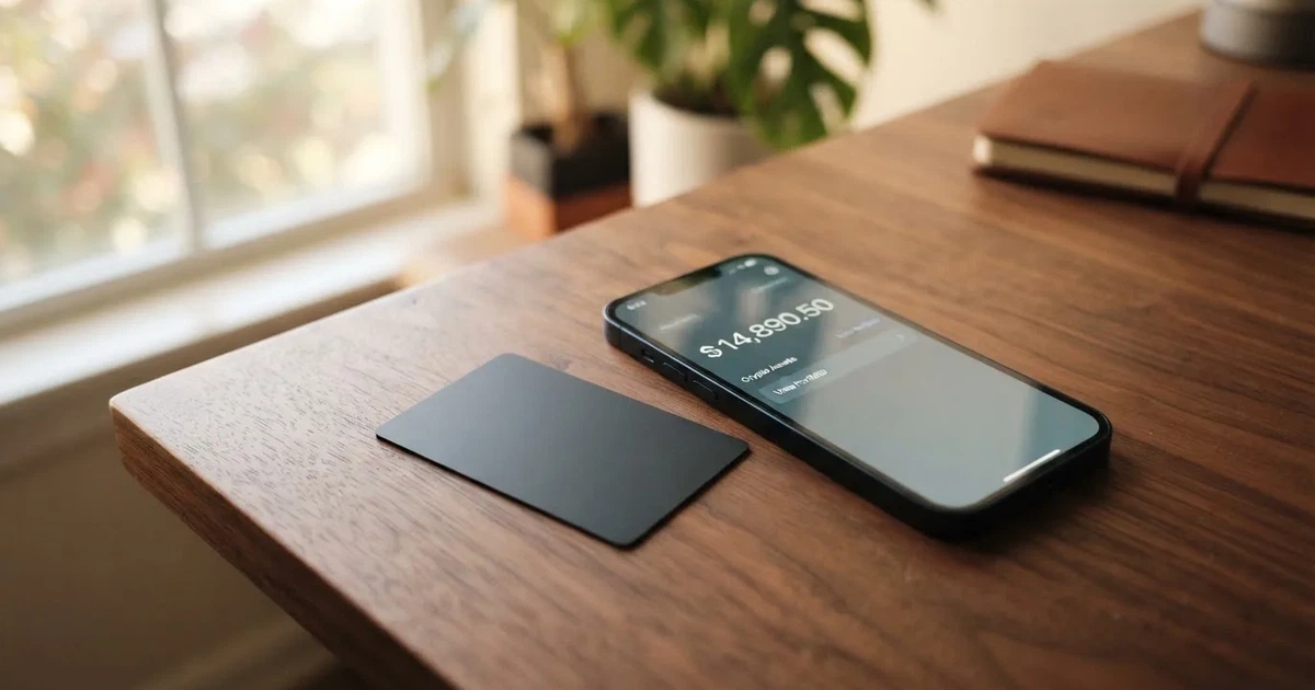 A payment card next to a phone with a crypto wallet app open