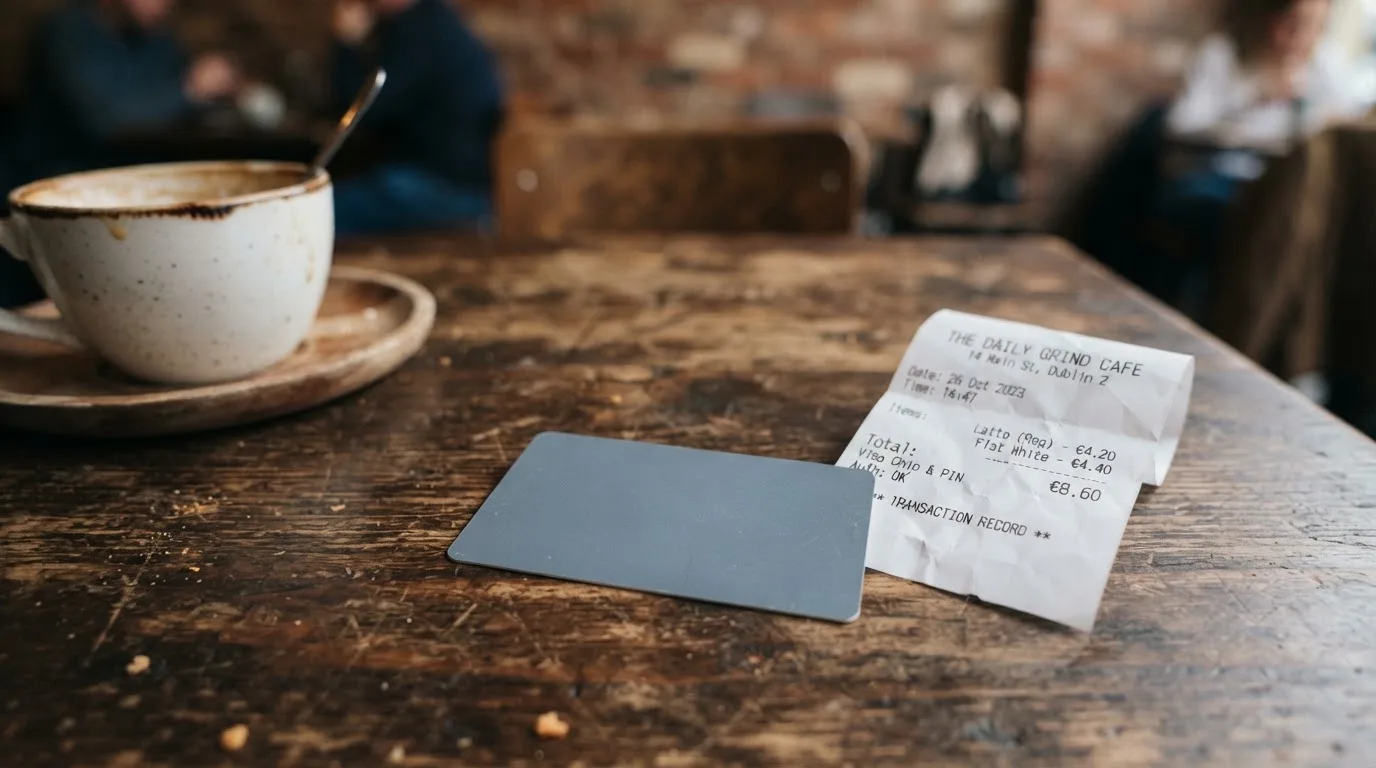 A receipt and a card on a café table