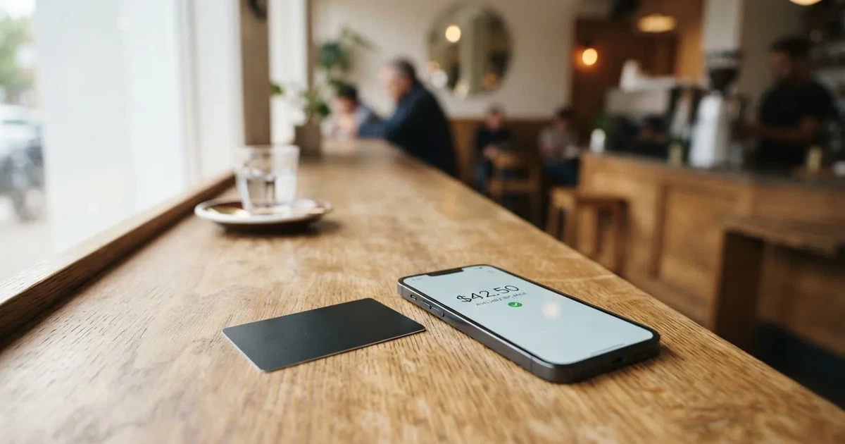 A payment card next to a phone with a crypto wallet app open