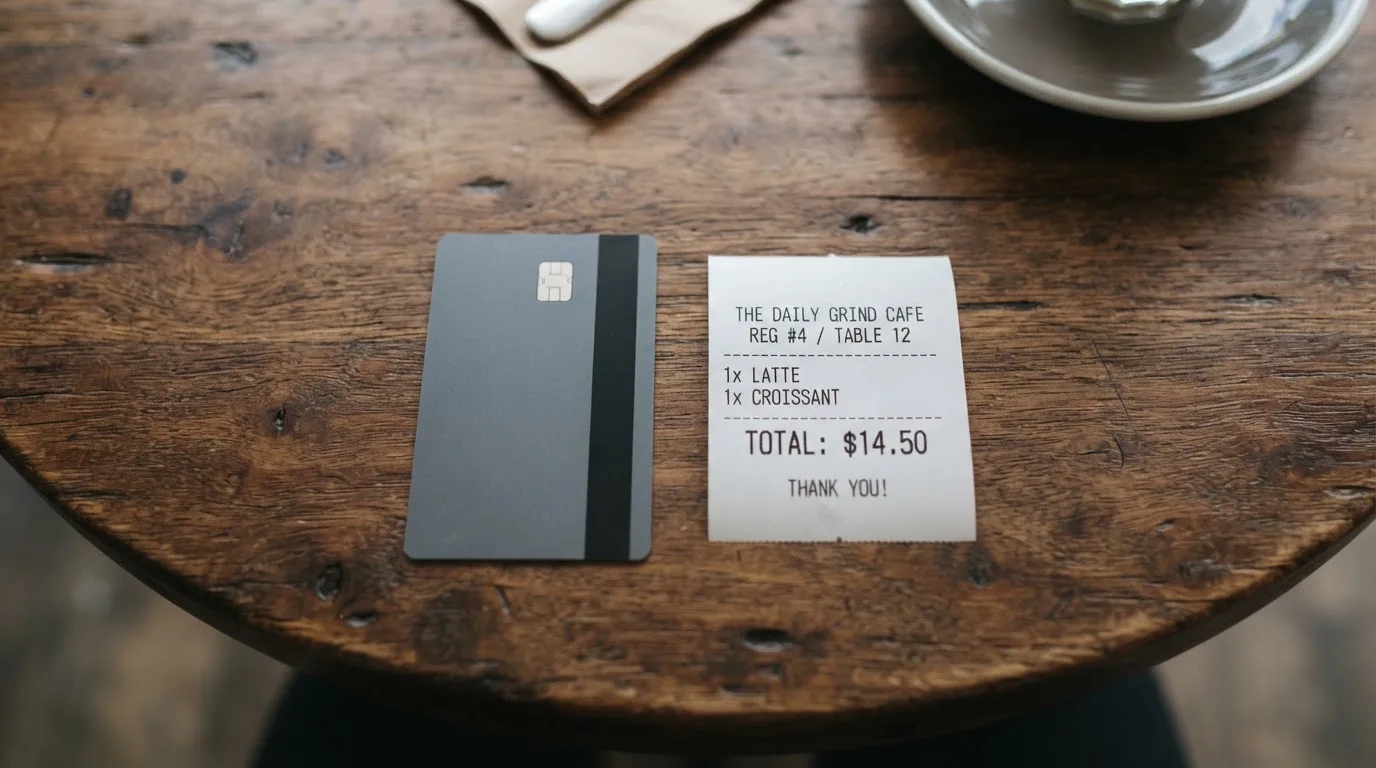 A receipt and a card on a café table