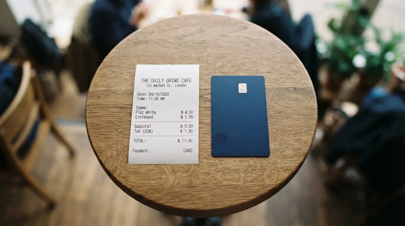 A receipt and a card on a café table
