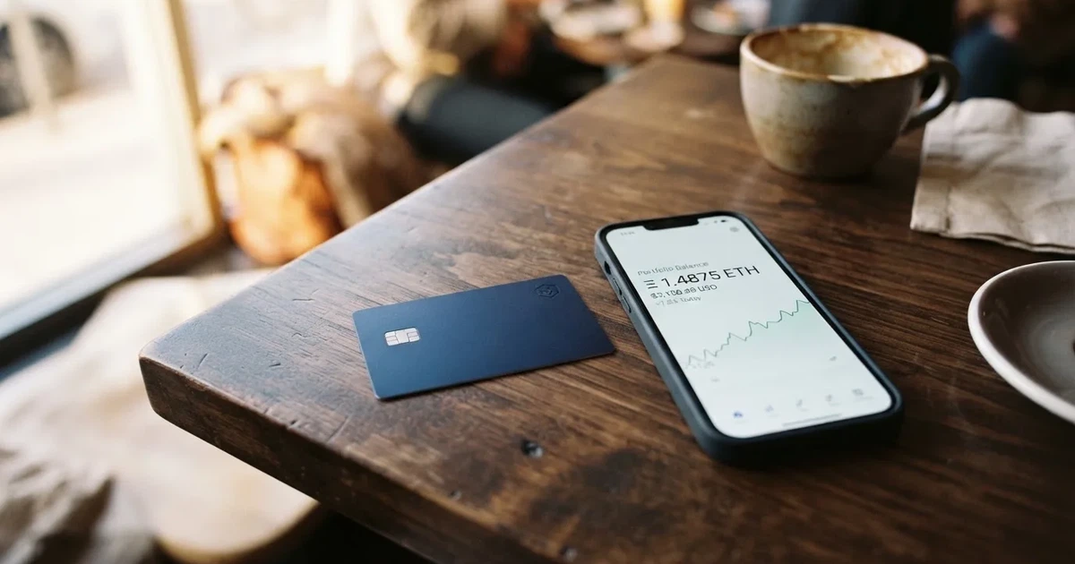 A payment card next to a phone with a crypto wallet app open