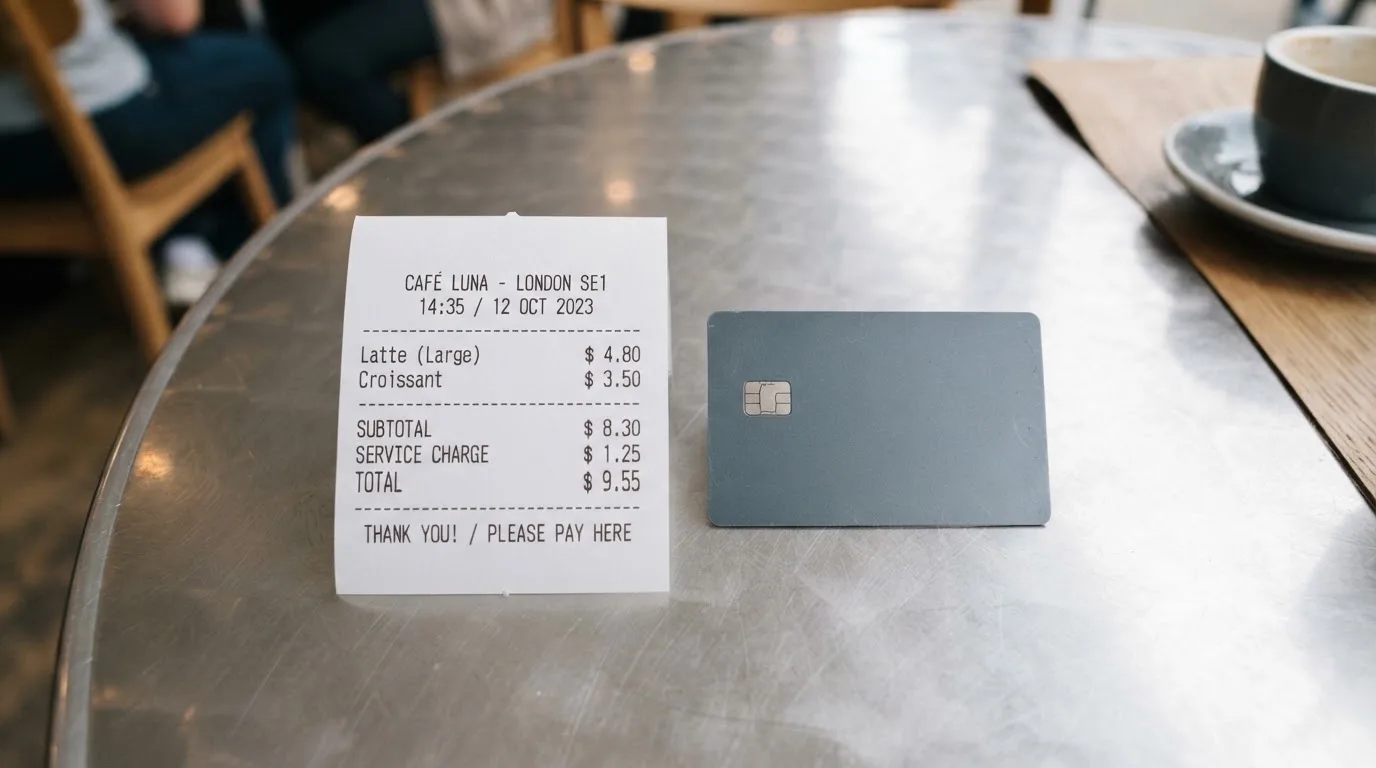 A receipt and a card on a café table