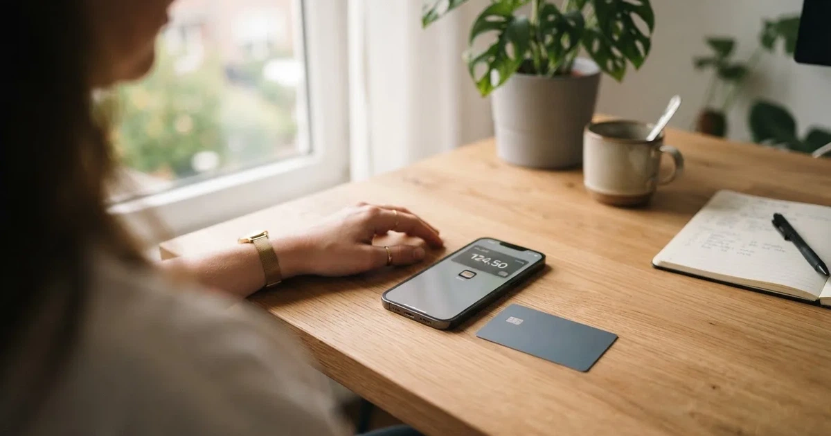 A payment card next to a phone with a crypto wallet app open