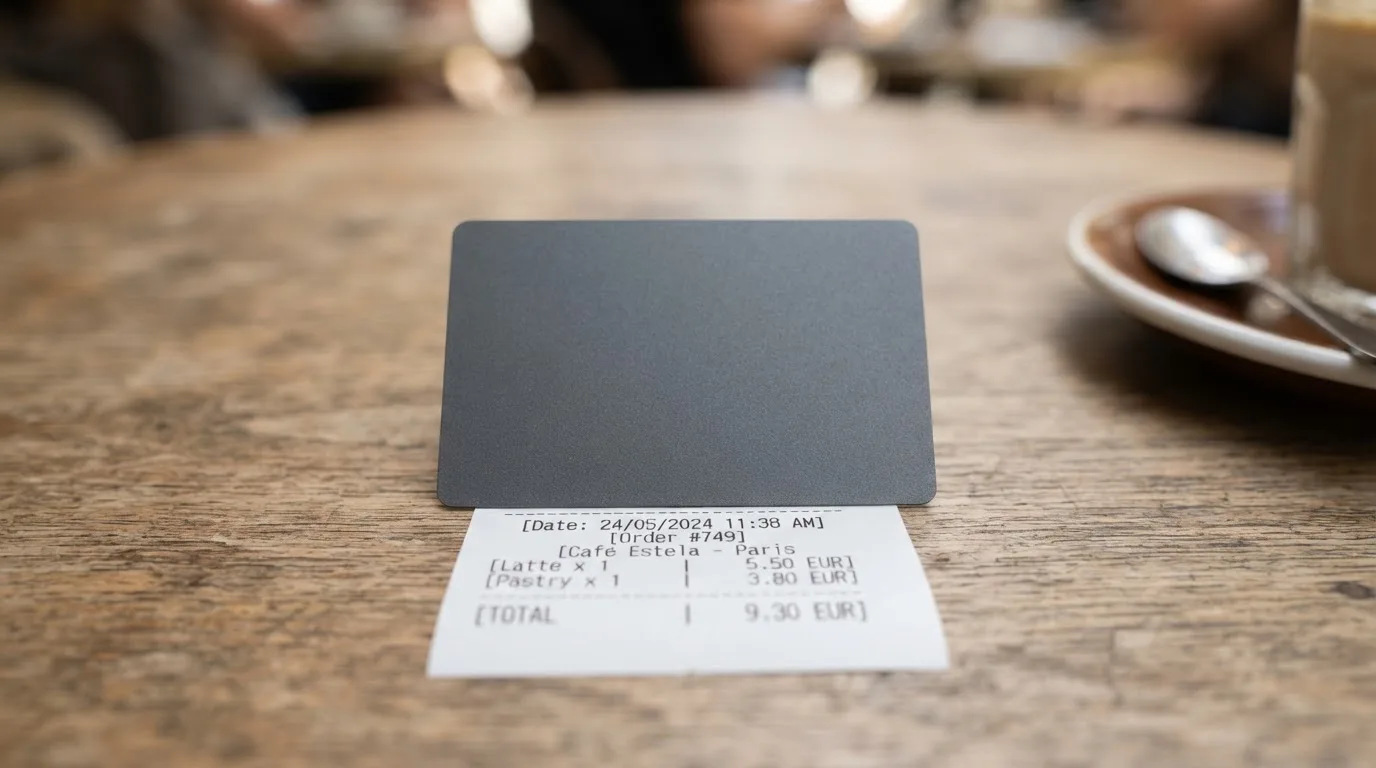 A receipt and a card on a café table