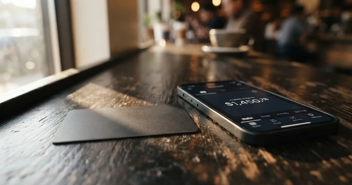 A payment card next to a phone with a crypto wallet app open