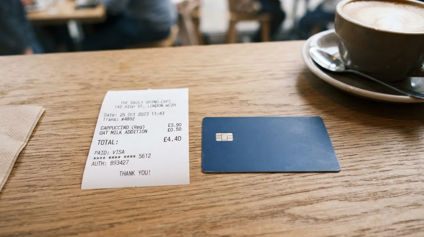 A receipt and a card on a café table