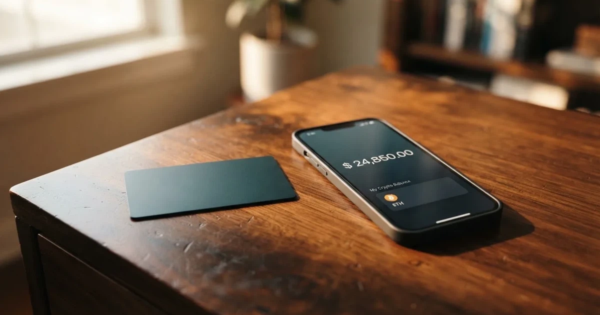 A payment card next to a phone with a crypto wallet app open
