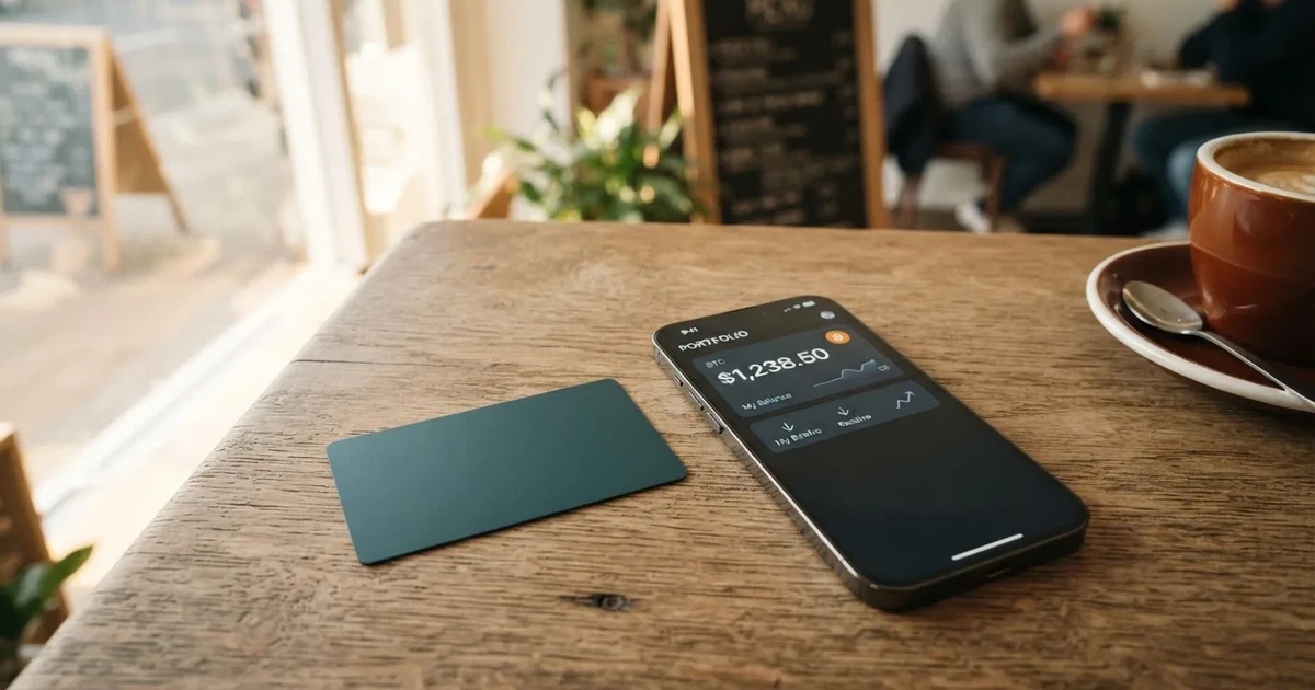 A payment card next to a phone with a crypto wallet app open