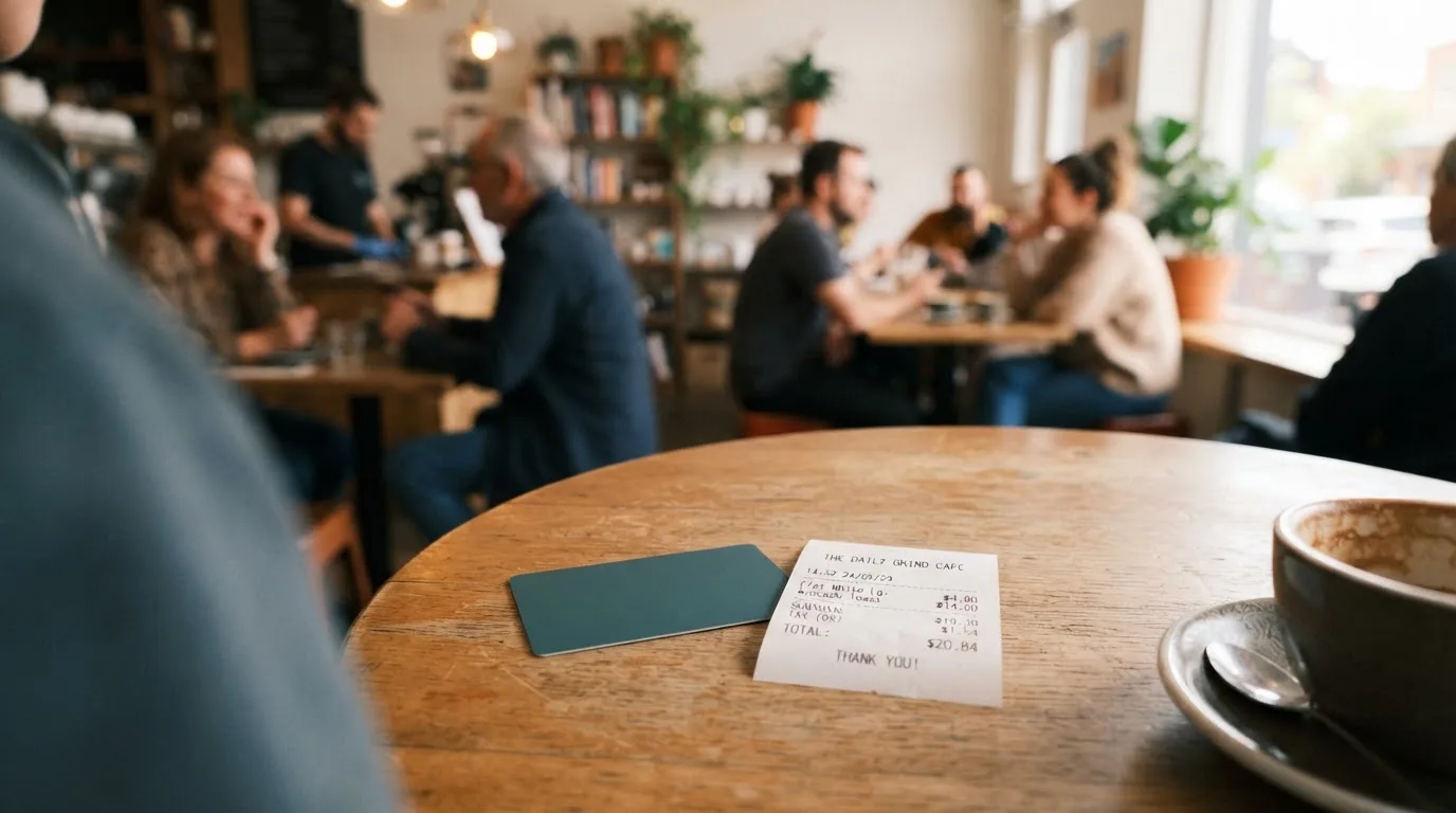 A receipt and a card on a café table