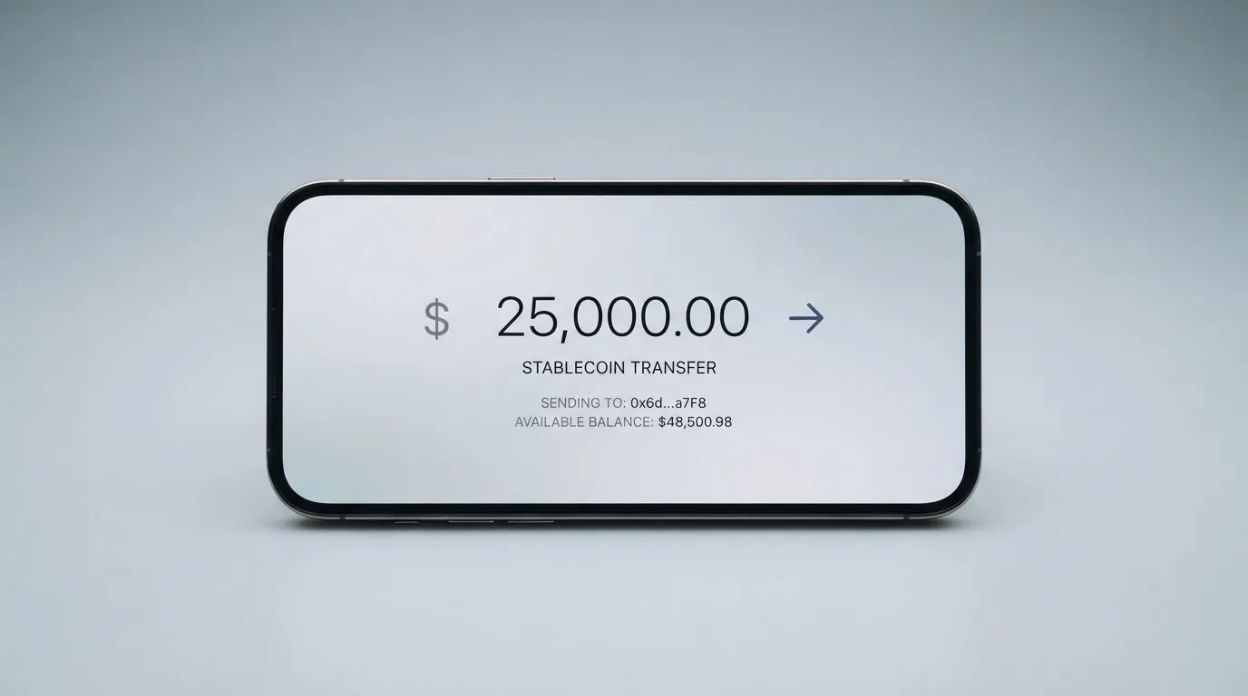 A phone showing a stablecoin transfer screen