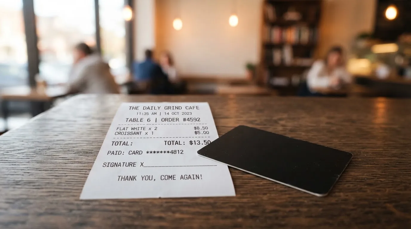 A receipt and a card on a café table