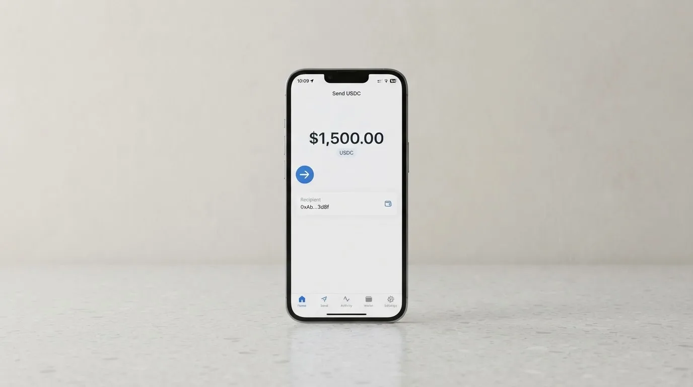 A phone showing a stablecoin transfer screen