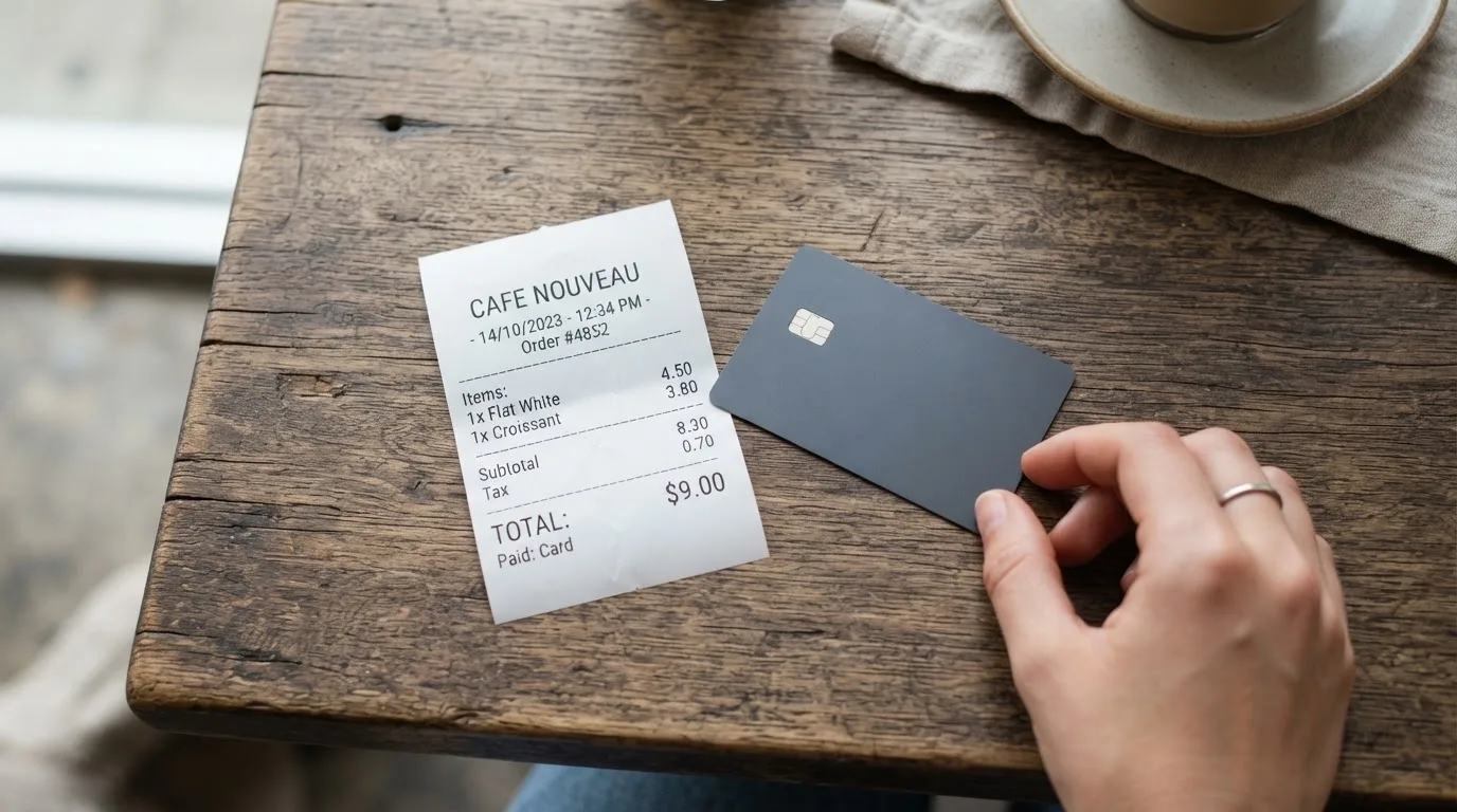 A receipt and a card on a café table