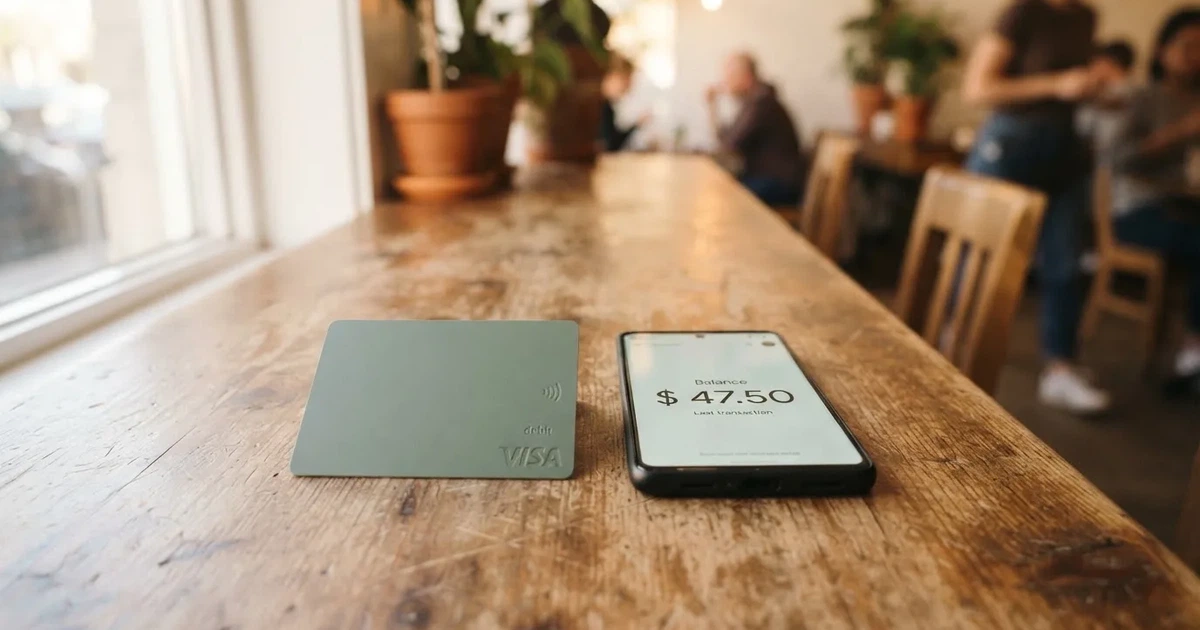 A payment card next to a phone with a crypto wallet app open