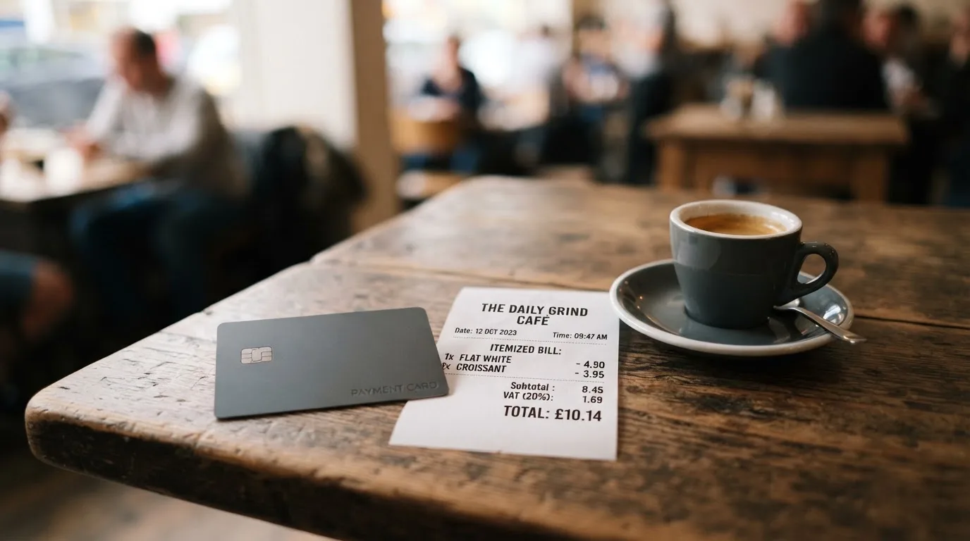 A receipt and a card on a café table