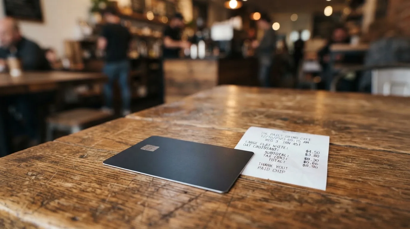 A receipt and a card on a café table