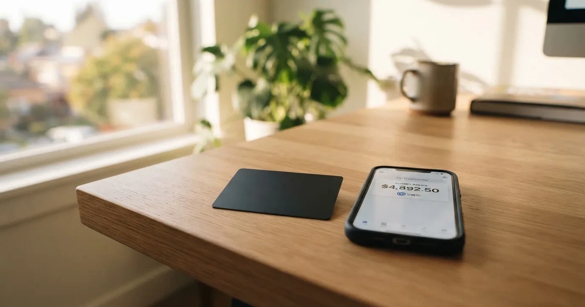 A payment card next to a phone with a crypto wallet app open