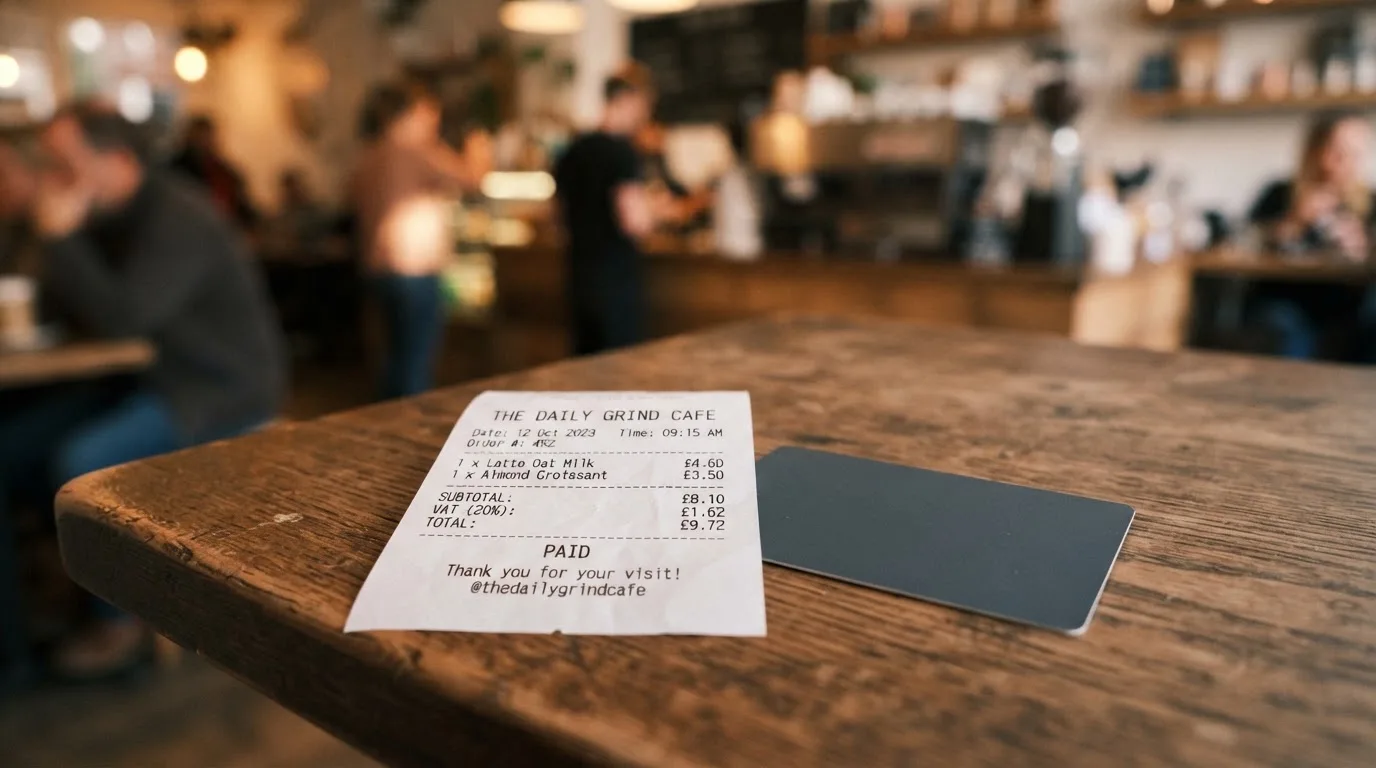 A receipt and a card on a café table