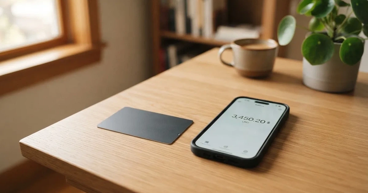 A payment card next to a phone with a crypto wallet app open